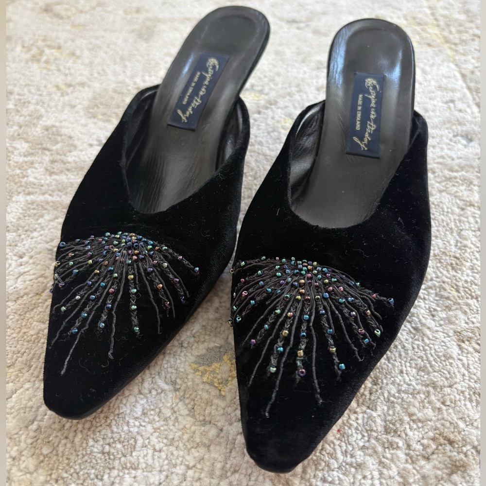 Georgina von Etzdorf Black Velvet Beaded Mules Kitten Heel